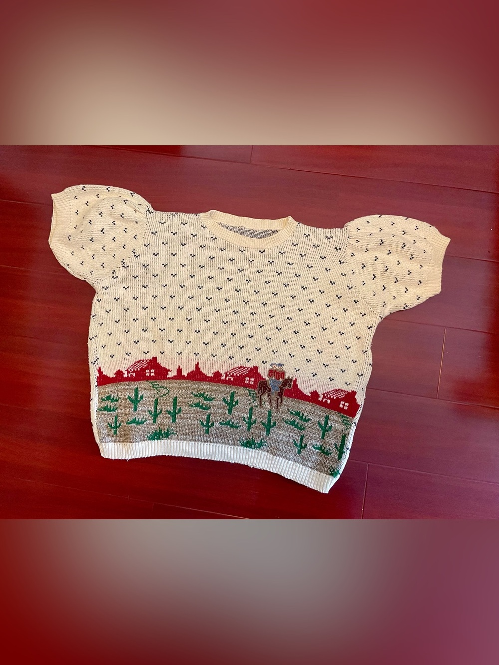 Vintage Cream Southwestern Cactus Knit Sweater with Cowboy Motif